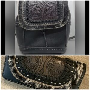Trinity Ranch Western Backpack And Wallet Set With Tooled Leather & Cow